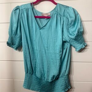 Philosophy Green and Blue Puffed Sleeve Blouse